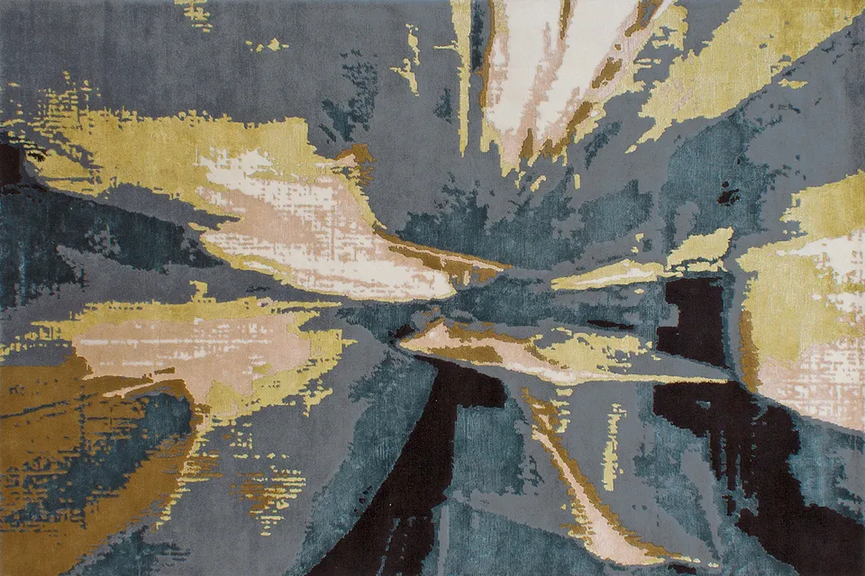 serge-lesage-tapis-eclat-automnal-tapis-spectaculaire-ocre-et-bleu image 1
